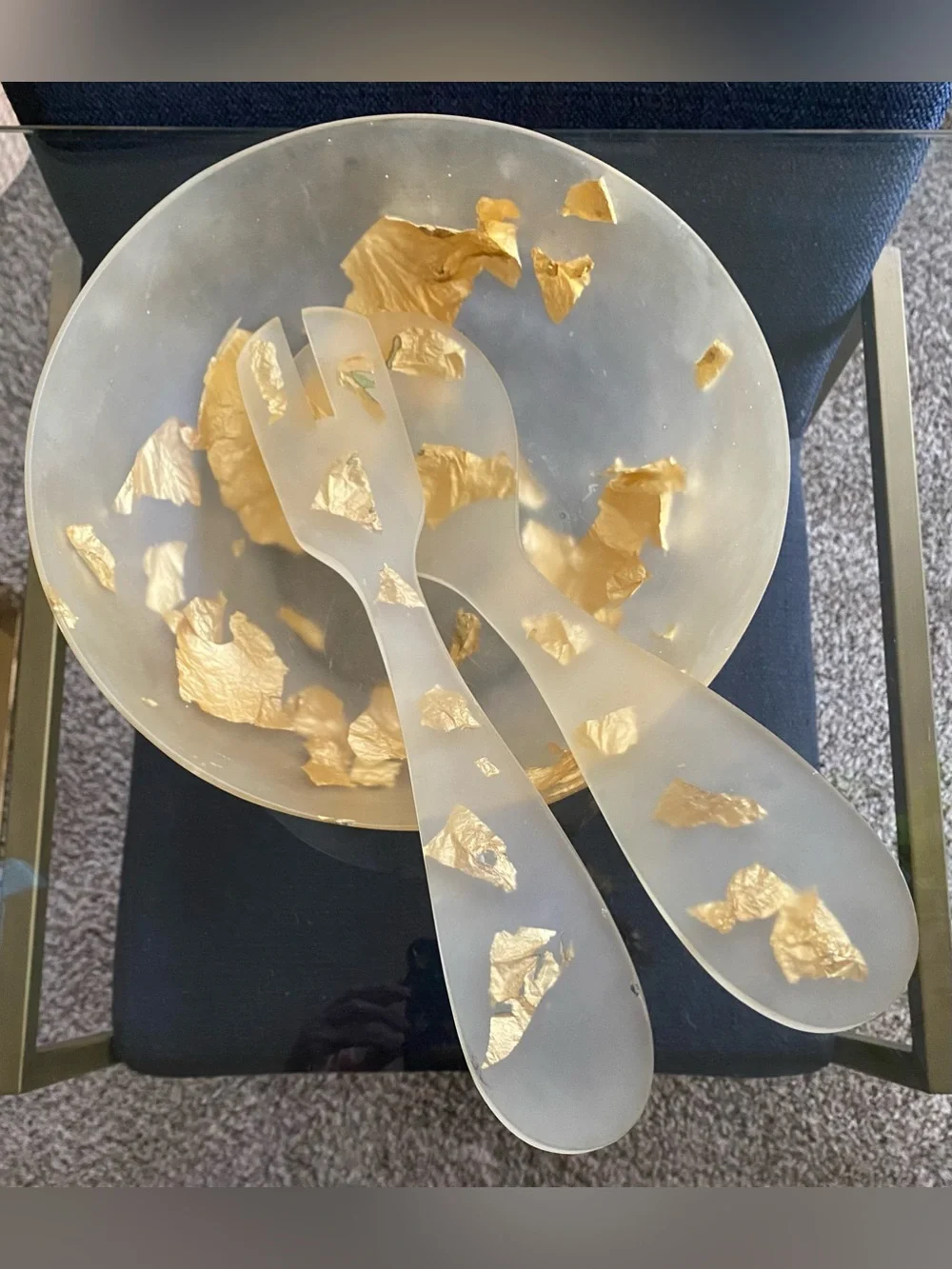 VTG Martha Sturdy Canada Resin Suspended Gold Foil Serving Bowl Spoon Fork 10.5”